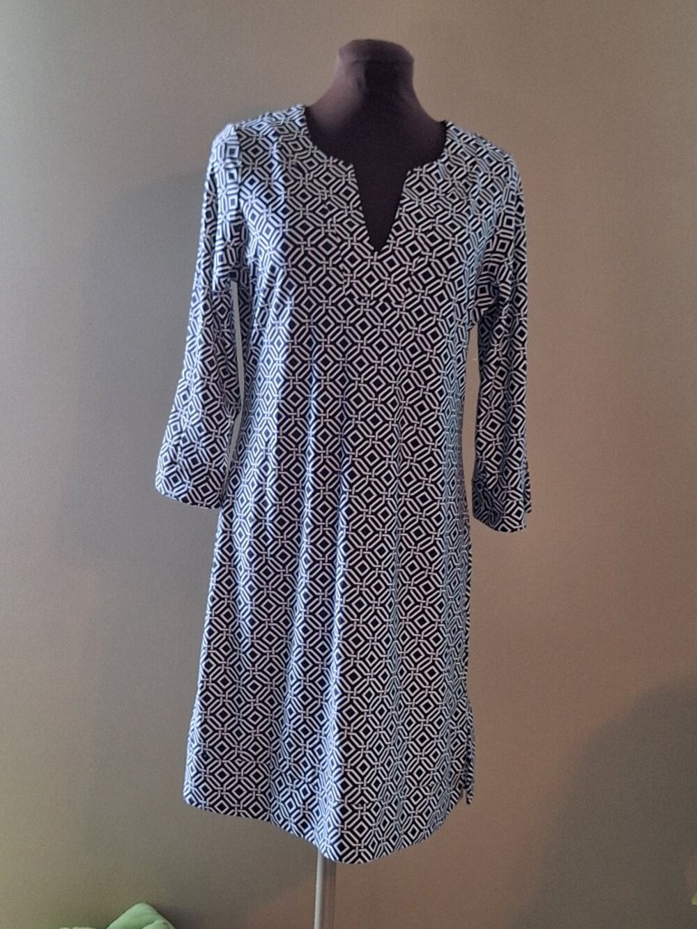 Jude Connally Navy & White Geometric Print Midi Dress Made in USA Size M